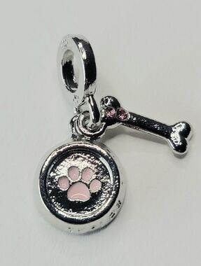 New For Pandora Charm Bracelets Pink And Silver Color Dog Bowl And Bone Charm!
